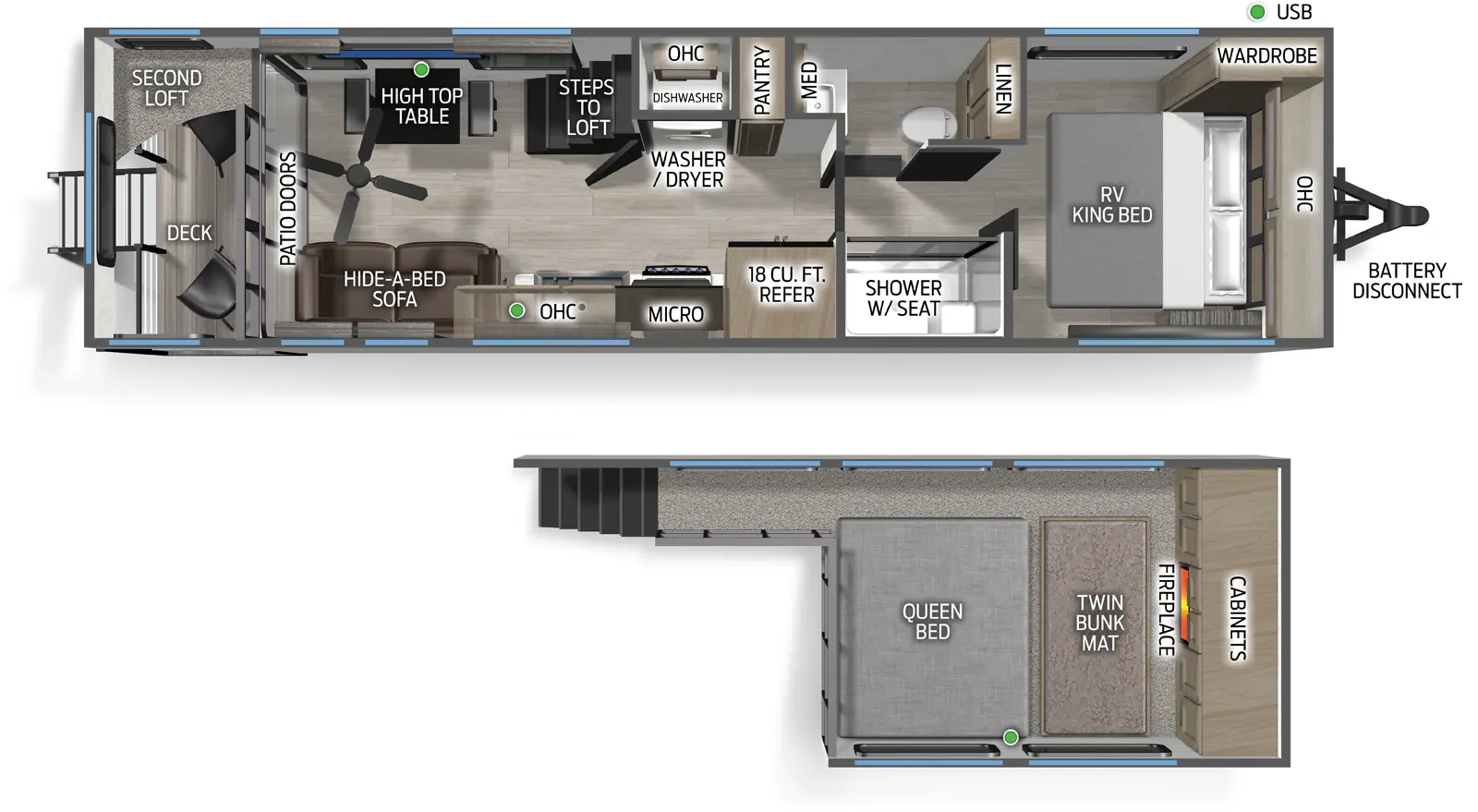 The Timberwolf 20OG floorplan has one entry and zero slide outs. Exterior features include: metal exterior and N/A awning. Interiors features include: loft, front bedroom and rear living.